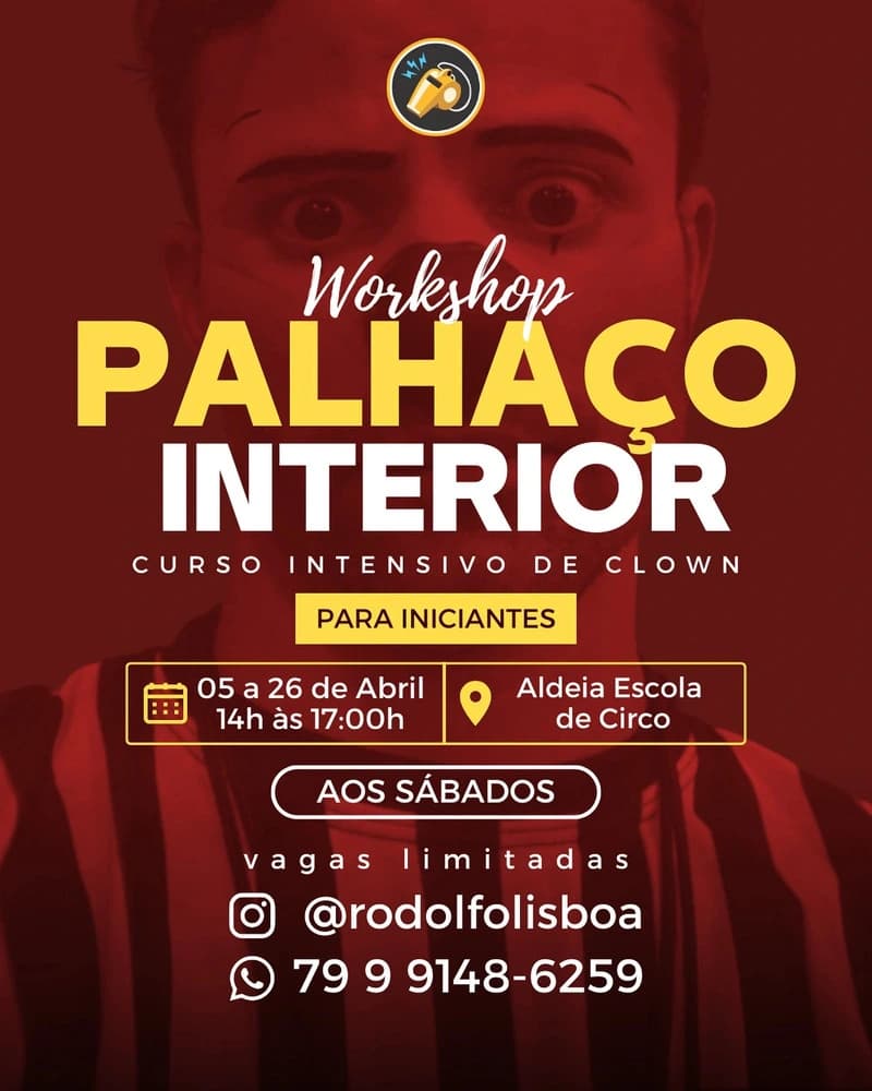 Atores explorando a figura do palhaço em um workshop de teatro.