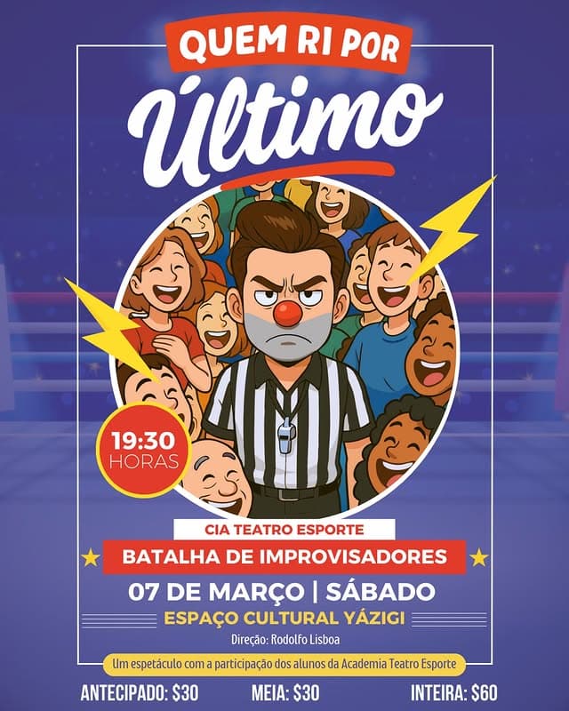 ingresso do espetáculo quem ri por último março 2026, teatro esporte